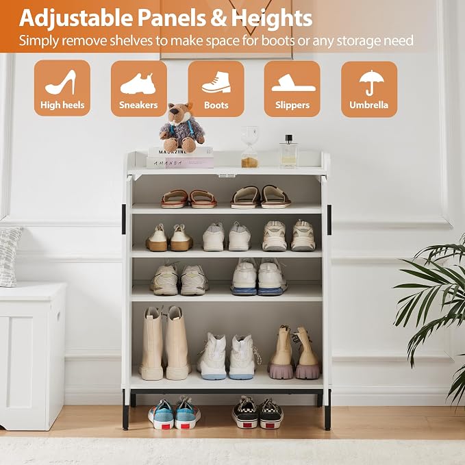 Mericonia Modern Shoe Cabinet with Metal Legs, Farmhouse Large 5-Tier Shoe Storage Cabinet with Doors, Wooden Shoe Organizer for Entryway, Hallway, Closet, Bedroom, Living Room, White