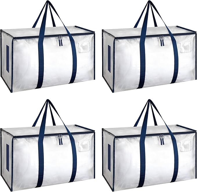 HealSmart 4 Pack Large Moving Bags with Zippers & Handles, Moving Supplies with lids, Heavy Duty Totes for Space Saving, Fold Flat, Moving and Storing, Clear