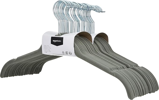 Amazon Basics Space Saving Slim Velvet Non-Slip Clothes Hangers for Closet Organization, Gray/Silver, 30-Pack
