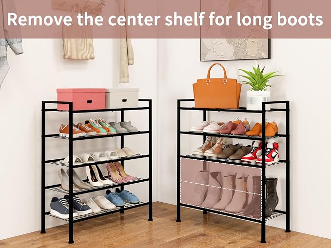 5-Tier Shoe Rack, Metal Storage Shelves for Closet Entryway | Tall Narrow Unit for Small Spaces, Multi-Purpose Organizer for Bedroom Garage, Easy Assembly, Black