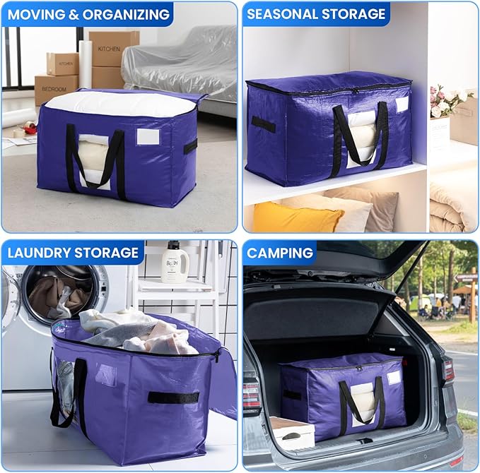 TAILI 8 Pack Dark Blue Extra Large Moving Bags, Heavy Duty Totes with Visible Window, Wrap Around Handles, Great for Storage