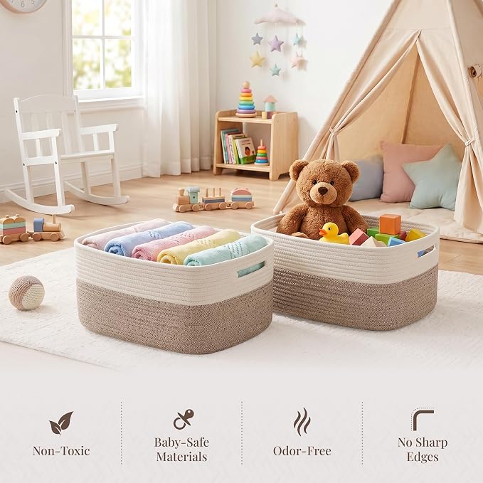 4-Pack Large Woven Rope Storage Baskets, 2 Sizes Organizer Bins | Fabric Cube Boxes and Rectangular Shallow Bins for Closet, Shelf, Bookshelf, Nursery, Changing Table, Bathroom, Toys & Home