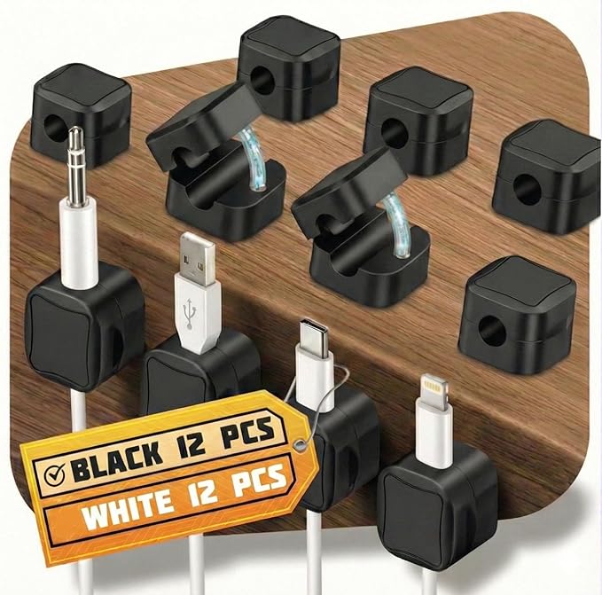 12 Pack Magnetic Cable Clips Black – Fast Locking System Cable Management for Desk, Nightstand & Car – Strong Adhesive Wire Clips, USB Cable Organizer, Phone Charger Cord Holder for Home & Office