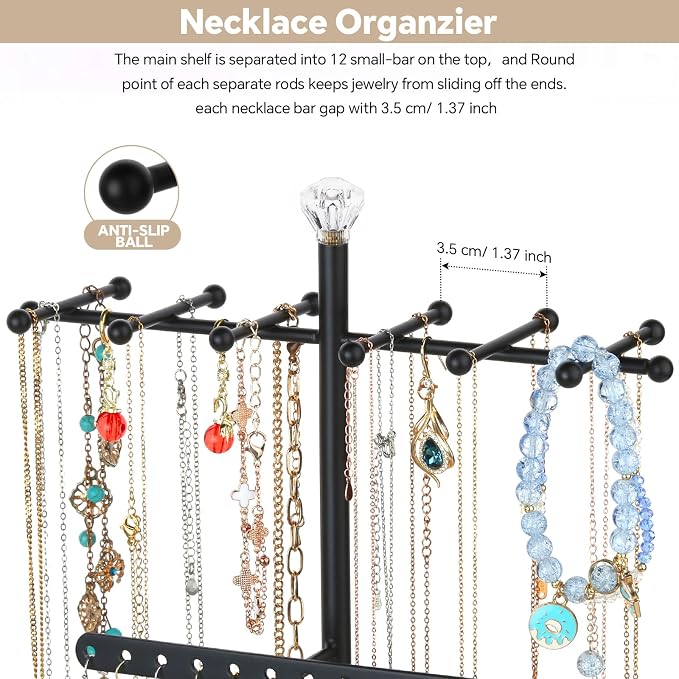 Meangood Jewelry Organizer Stand, 3-Tier Necklace Holder Jewelry Tree with Wooden Storage Drawer Box for Necklace Bracelet Earring Ring, Carbonized Black