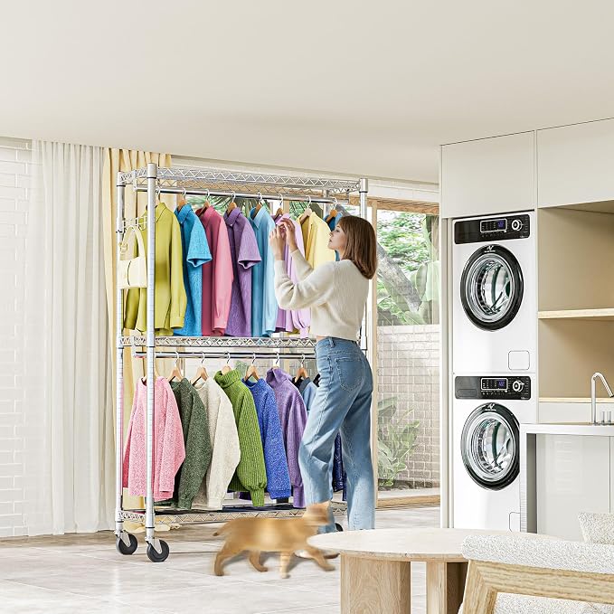 M MZG Heavy Duty Rolling Garment Rack 3 Tiers Adjustable Wire Shelving Clothes Rack with 2 Rods and Side Hooks,Storage Closet Clothing Rack with Wheels Chrome 15.7" D x 45.3" W x 79.6" H