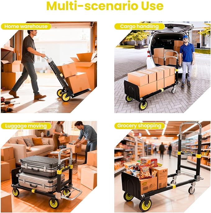 3-in-1 Folding Hand Trucks, 600Lbs Convertible Hand Truck Dolly, Heavy Duty Convertible Dolly with Retractable Handle and 4 Rubber Wheels, Collapsible Cart for Moving Office/Home/Warehous(Yellow)