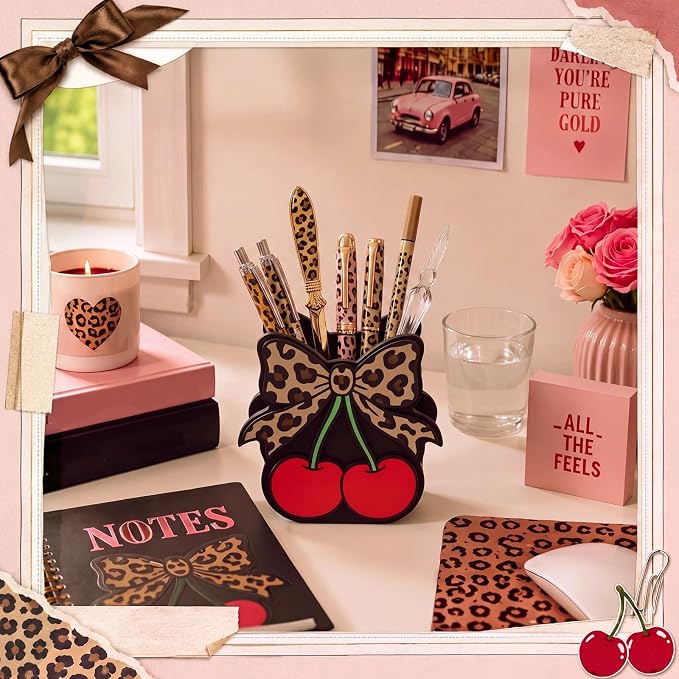 Tenceur Cherry Leopard Bow Pencil Holder for Desk Large Capacity Bow Wood Pen Holder Coquette Desk Organizer Cute Teacher Office Decor Makeup Brush School Supplies Back to School Gift for Girls Women