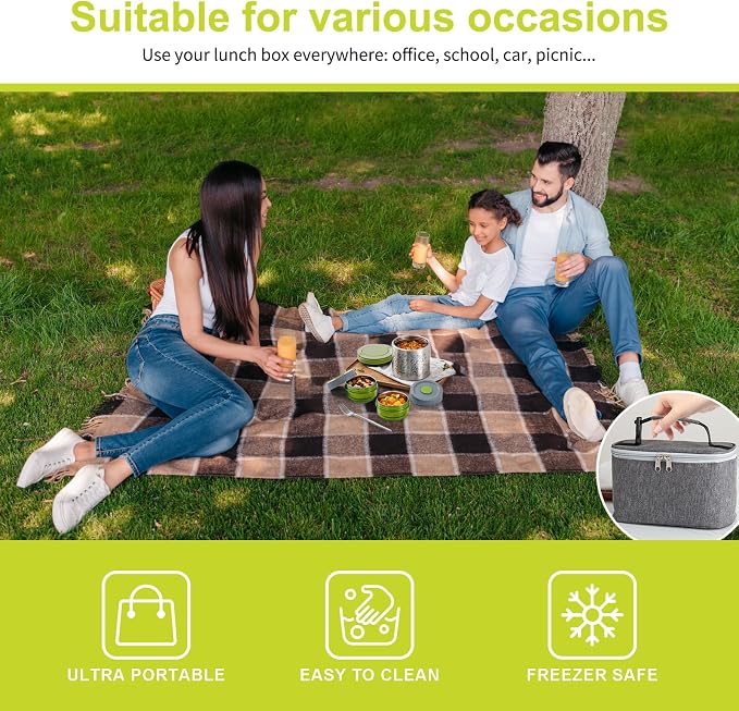 Lille Home Stainless Steel Thermal Lunch Box Set with Lunch Bag and Cultery | 22 Oz Vacuum Insulated Lunch Bento Box, to Keep Food Warm/Cool, 2 Small Food Container for Snack, Fruits and Sauces (Green)
