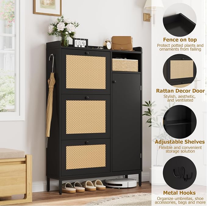Garvee Shoe Cabinet with 3 Flip Drawers, Freestanding Shoe Organizer with 4-Tier Shoe Storage Cabinet and Adjustable Shelf & Rattan Doors,Narrow Shoe Rack Cabinet for Entryway, Closet, Hallway