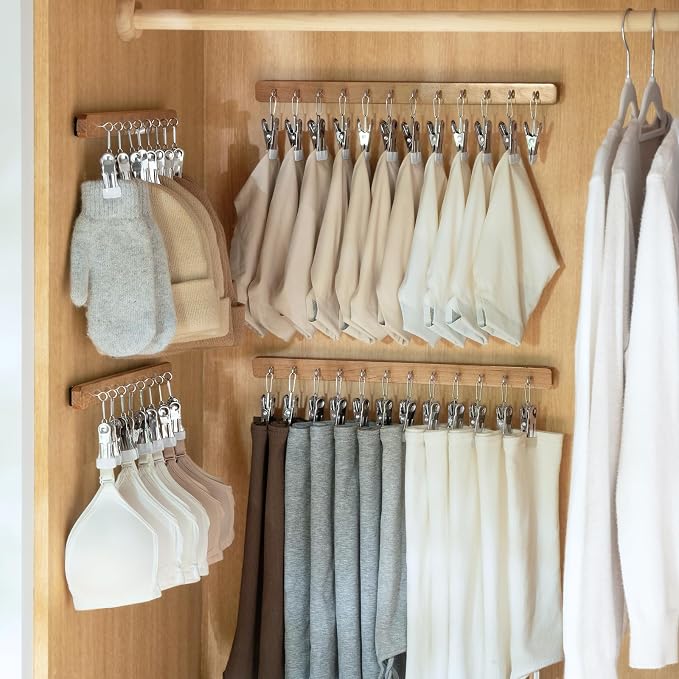 Pull Out Hat Rack for Closet, Sliding Hooks Hanger Rack with Clips for Bras Caps Underwear Socks Scarves Gloves Handkerchiefs, Dual Side 8 Clips Rail, 2 Pcs