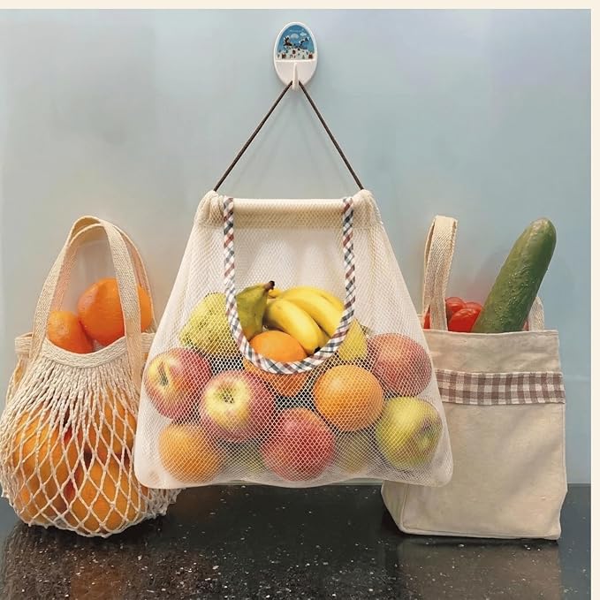 Durable Reusable Hanging Storage Mesh Bags for Fruits, Vegetables, Garlic, Ginger & Potatoes, Kitchen Storage Mesh Bag, Breathable Storage Bags for Pantry, Home Decor & Kitchen Decor (2 white bags)