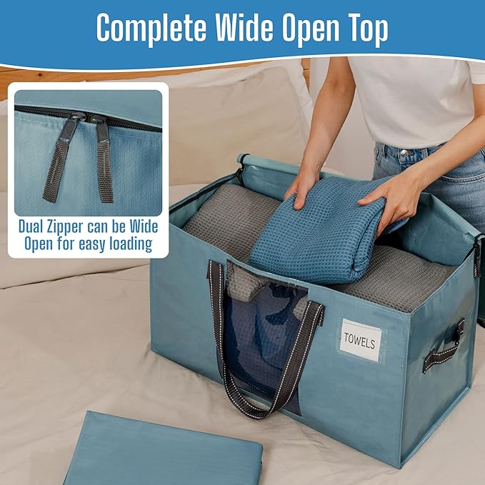 VENO 2 Pack Heavy Duty Moving Bags, Clothes and Comforter Storage Bags with Clear Window, College Dorm Essentials Packing Supplies, Foldable Boxes Alternative (Shiny Light Blue, 2 Pack)