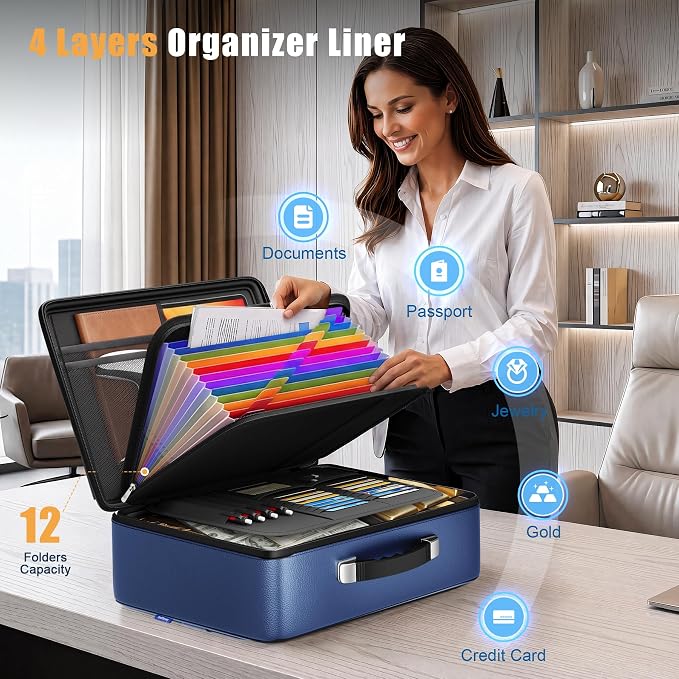 5200°F Fireproof Document Box, Hard-Shell,Fireproof Safe for Home Documents | Fire proof safe document box with lock,detachable accordion file organizer,waterproof digital improtant document organiser