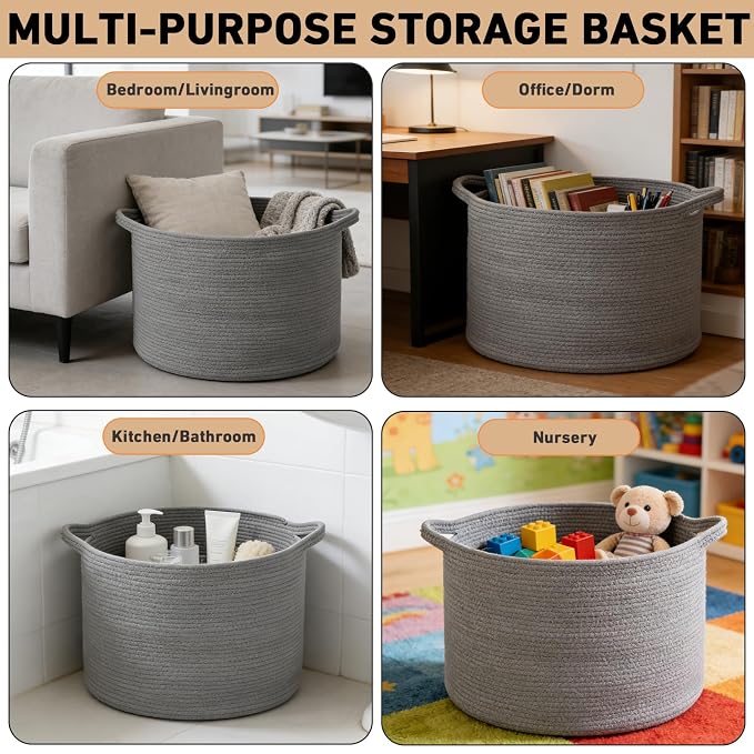 65L Large Blanket Basket, 19.7" L x 19.7" W x 13" H Cotton Rope Woven Storage Basket,Laundry Hamper for Toys, Clothes, Pillows & Towels, Perfect for Living Room, Nursery & Bedroom,Dark Gry
