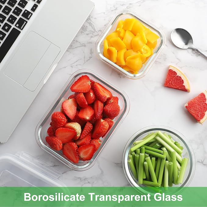 HOMBERKING Glass Food Storage Containers with Lids, 18 Piece Meal Prep Containers, Airtight Lunch Bento Boxes, BPA-Free & Leak Proof (9 Lids & 9 Containers) - Purple