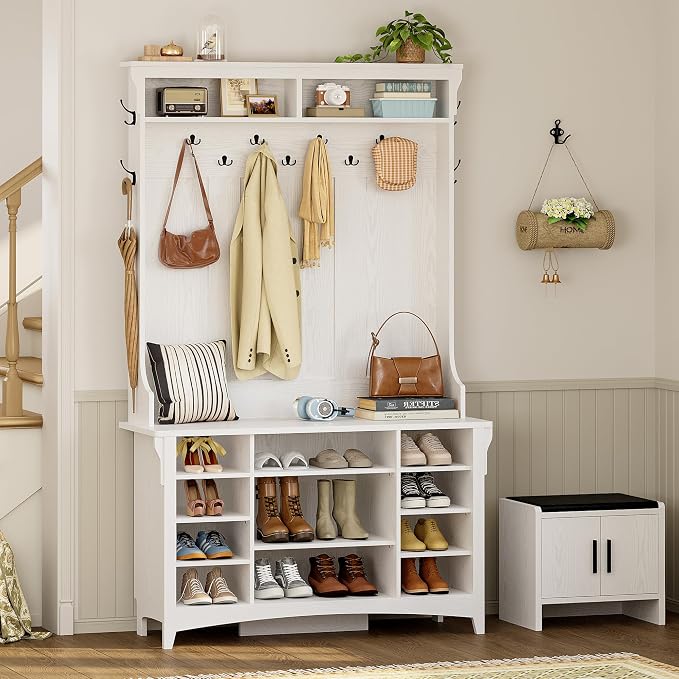 IRONCK 80" H 47" W Large Hall Tree with Bench and Shoe Storage, 6-in-1 Entryway Bench with Coat Rack, Adjustable Shelf, Hanging Hooks, 11 Shoe Cubby, 2 Tier Top Storage for Entryway and Bedroom, White