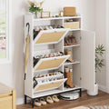 GarveeHome Shoe Cabinet Rattan with 3 Flip Drawers and 4-Tier Shoe Storage Cabinet, Freestanding Shoe Organizer with Adjustable Shelves for Entryway, Closet, Hallway (White)