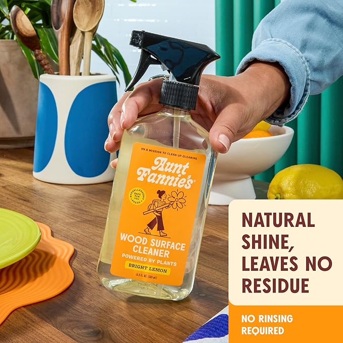 Aunt Fannie's All Purpose Wood Spray Cleaner, No-Wax Formula, Perfect for Wood Tables, Walls, Counters & Shelves, 16.9 Ounces, Lemon Scent (Pack of 1)