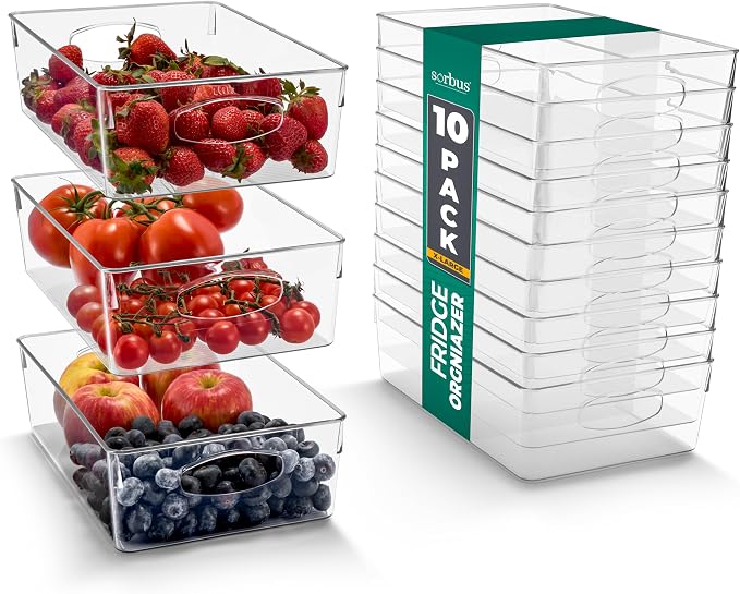 Sorbus 10-Pack XL Clear Plastic Organizing Bins – Clear Bins for Organizing, Refrigerator Organizers, Fridge Organizer, Pantry Storage, Kitchen Organizer, and Pantry Organizers and Storage Bins