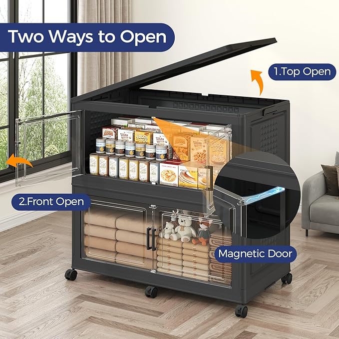 120Gal Stackable Storage Bins with Lid, 480Qt Extra Large Collapsible Storage Box with Wheels, Dividers, Folding Plastic Cabinet Closet Organizers for Home Kitchen Office Dorm, 3Pack Black