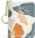 Aiawoxc Credit Card Holder, Small RFID Wallet Slim Leather Card Organizer Case with Zipper and Keychain, Abstract Boho Leaves