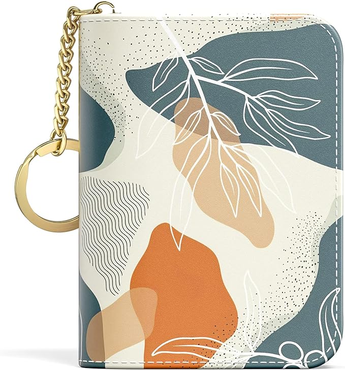 Aiawoxc Credit Card Holder, Small RFID Wallet Slim Leather Card Organizer Case with Zipper and Keychain, Abstract Boho Leaves