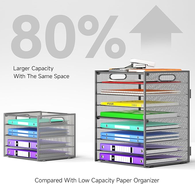 Cawukege 9 Tier Paper Organizer with Handle, Large Capacity Desk Organizer Mesh File Folder Letter Paper Tray Desktop Document Sorter for Classroom, School, and Office Accessories Organization - Grey