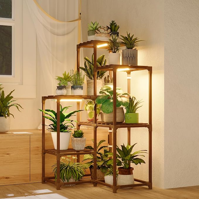 Bamworld Plant Stand with Grow Light for Indoor Plants Growing Corner Plant Shelf with Grow Lights for Living Room Patio Decor