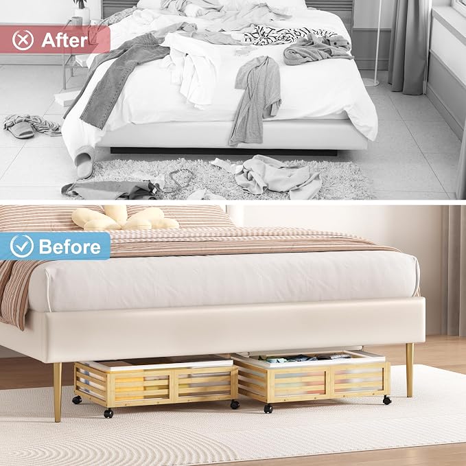 Under Bed Storage with Wheels-Large Bamboo Underbed storage Containers with Large Dust Bag Stackable Under the Bed Shoe Storage Bins for Clothes Books Bedding (2 Packs Nature, 23.62"L×16.54"W× 6.51"H)