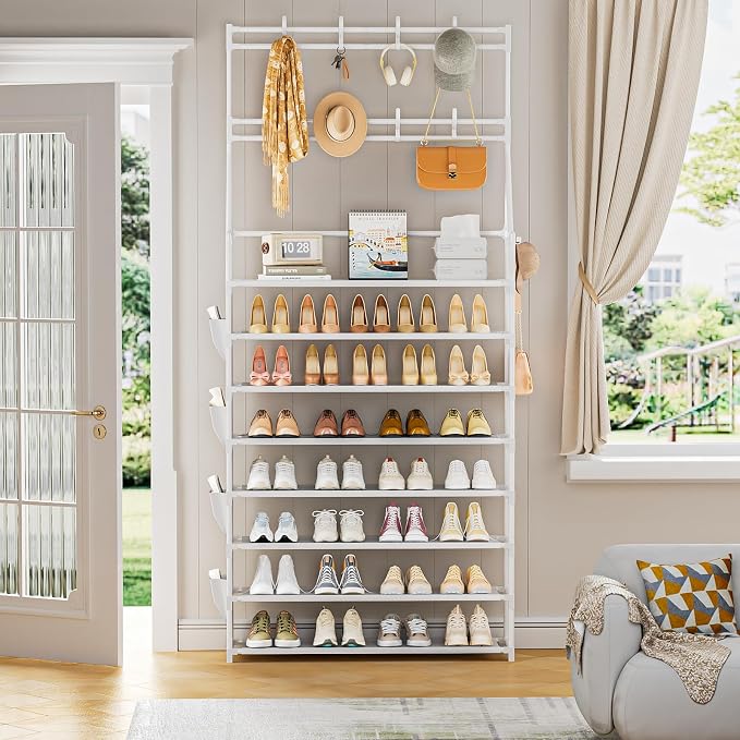 OYREL Shoe Rack 8 Tier Large Shoe Organizer Storage 32-40 Pairs | Metal Shoe Storage Rack with Hooks and Side Pocket for Entrance Entryway Closet Shoe Shelf Holder