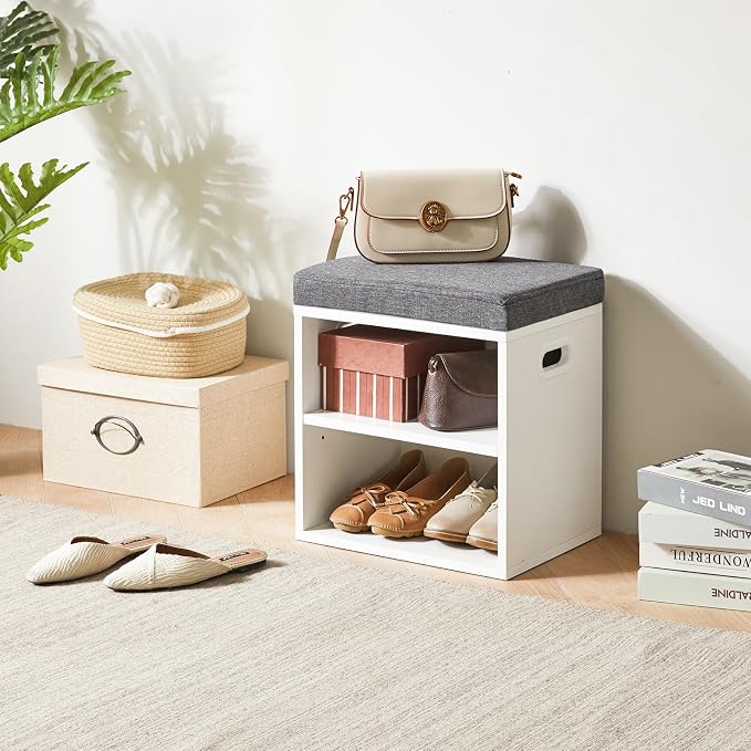 YMYNY Small Shoe Storage Bench with Cushion, White, HBD028W | 2 Tier Entryway Bench with Storage, Small Shoe Rack Bench with Adjustable Shelf for Entryway 11 x 15.3 x 16.5 Inches