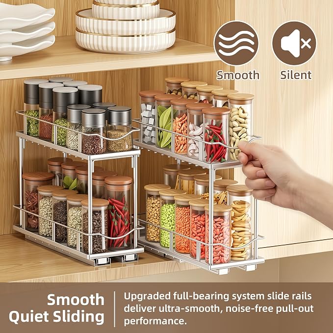 Bunoxea Pull Out Spice Rack 2 Pack,Slide Out Cabinet Spice Rack,Silver | 2-Tier Rack, Full Extension Ball Bearing Glides, 10.7"Dx4.8"Wx8.85"H, Kitchen Pantry,Narrow Cabinet Spice Storage Organizer