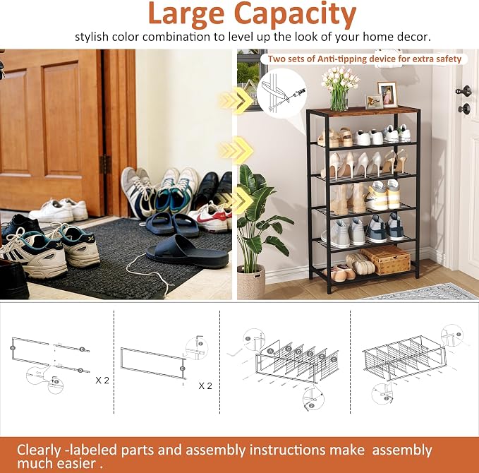 HOMEFORT Shoe Rack 6-Tier, Shoe Storage Shelf, Industrial Shoe Tower, Narrow Shoe Organizer for Closet Entryway, Small Shoe Rack Table with Durable Metal Shelves, Rustic Brown