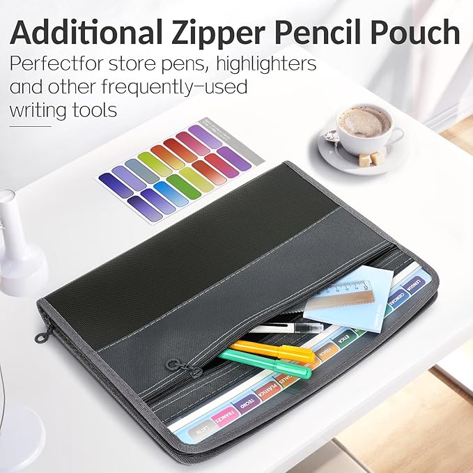 Sooez Accordion File Organizer with Safe Zipper, 8 Pocket Expanding File Folder with Front Pencil Pouch, Portable Monthly Paper Bill Tax Receipt Organizer, School Office Supplies, Letter Size, Black