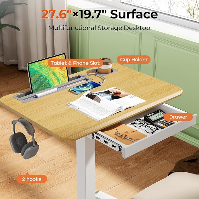 28" Mobile Standing Desk with Drawer, Portable Laptop Desk | Rolling Desk with Cup Holder & Hooks, Height Adjustable Computer Cart on Wheels for Classroom, Study Desk with Storage, Maple