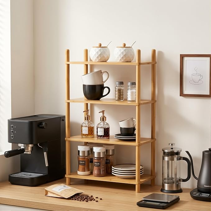 4-Tier Bamboo Coffee Bar Organizer,Coffee Bar Accessories, Mul-tifunctional Wooden Beaded Coffee Station Countertop Stand Shelf for Kitchen Home Office,Counter Riser Display Shelf for Top of Desk Home