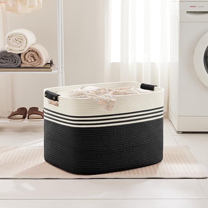 100L Large Woven Laundry Basket Hamper with Leather Handles,Black | 24"x16"x16", collapsible wicker hamper, storage for dirty clothes, toys, blankets, gifts, living room, bedroom, bathroom