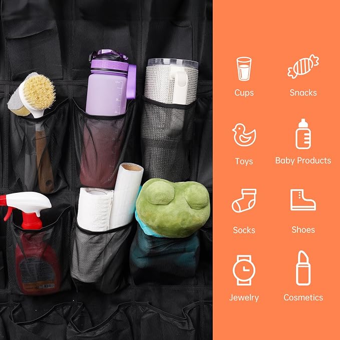 NiHome 28 Pockets Door Hanging Cup Organizer Fit for Stanley Tumbler, Black | Large Capacity Over the Door Water Bottle Organizer, Space-Saving Elastic Mesh Bottle Holder for Kitchen, Pantry, Classroom