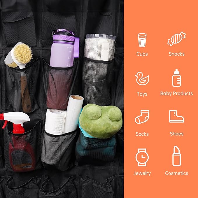 NiHome 35 Pockets Door Hanging Cup Organizer Fit for Stanley Tumbler, Black | Large Capacity Over the Door Water Bottle Organizer in Kitchen, Pantry, Classroom, Elastic Mesh Secure Storage Cup Holder