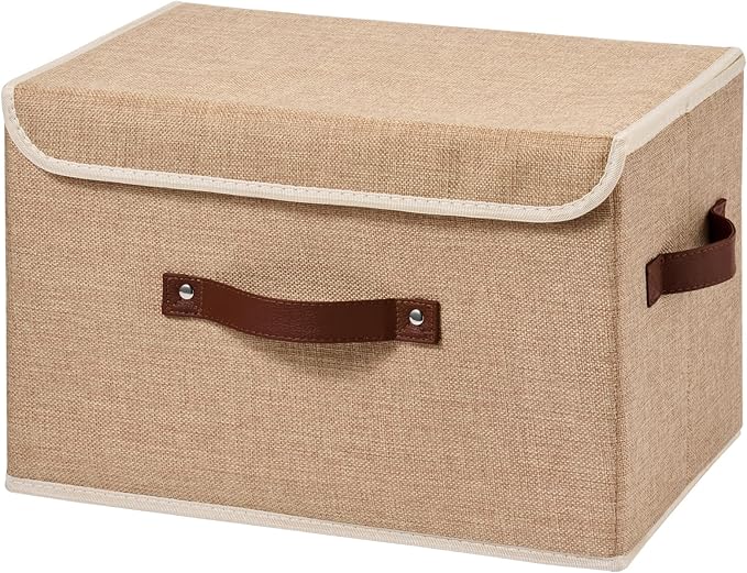 Storage Boxes with Lid Cotton Linen Fabric Storage Bins Organizer Container Decorative Collapsible Washable Shelf Baskets Faux Leather Handles for Home Bedroom Closet (Linen, Large)