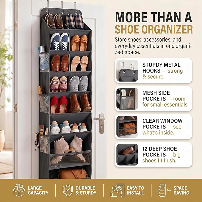HOMELUX THEORY 8 Tier Hanging Shoe Organizer for Closet, Over the Door Shoe Organizer with Deep 120D Extra Thick Pockets, Shoe Rack for Closet & Entryway, with 6 Side Pockets for Boots (Transparent)