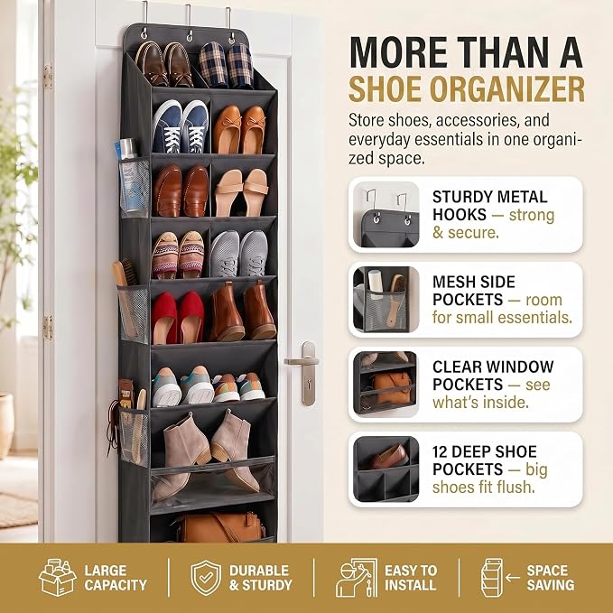 HOMELUX THEORY 8 Tier Hanging Shoe Organizer for Closet, Over the Door Shoe Organizer with Deep 120D Extra Thick Pockets, Shoe Rack for Closet & Entryway, with 6 Side Pockets for Boots (Blue)