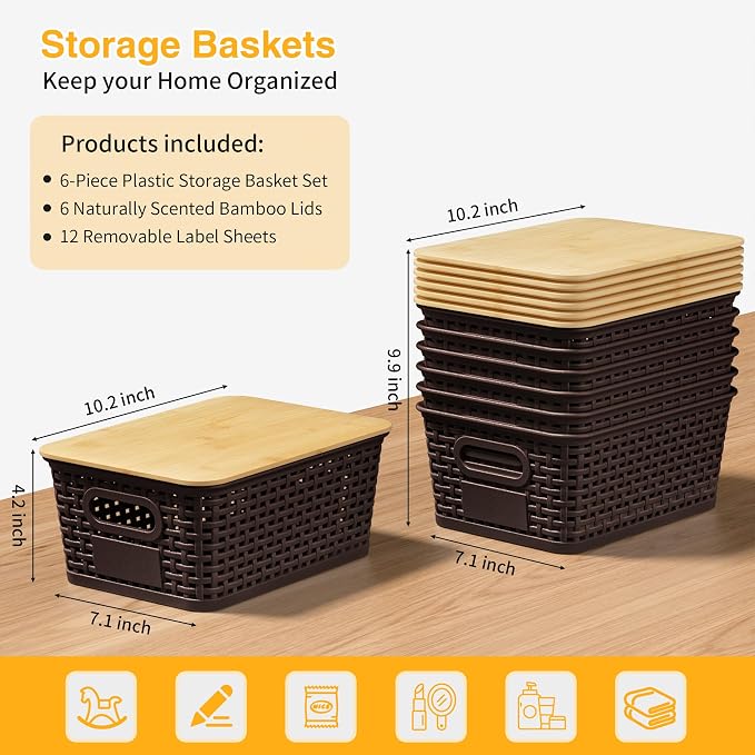 Plastic Storage Baskets with Bamboo Lids and Labels, Stackable Storage Containers, Storage Bins for Organizing Shelves Drawers Desktop Closets Office, 6 Packs-Brown
