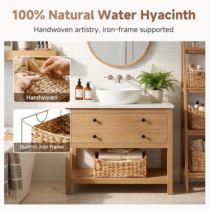 StorageWorks Large Wicker Baskets for Organizing, Water Hyacinth Storage Baskets with Handles, Woven Baskets for Pantry Storage, 16½" x 13" x 7½", 1-Pack