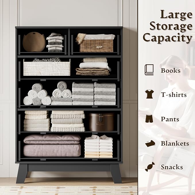 BORNOON 46" Tall Dresser for Bedroom, 6-Drawer Fluted Chest of Drawers, Modern Wood Highboy with Deep Storage, Metal Slides and Handles, Anti-Tip Kit, Vertical Clothes Organizer for Apartment, Nursery