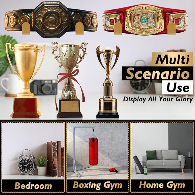 4 Pcs Wrestling Championship Belt Wall Display Holder Belt Horizontal Wall Mount Display Organizer Secure Rack for Wrestling Gifts and Awards