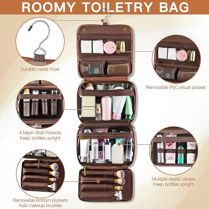 Elviros Hanging Travel Toiletry Bag Gift for Men，Mens Toiletries Bag Gifts Set Shaving Dopp Kit Water-resistant Bathroom Toiletries Organizer PU Leather Cosmetic Bags 2 Pack