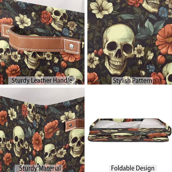 TropicalLife Floral Skull Storage Cube, 13 Inch Fabric Cube Storage Organizer Bin for Shelves Clothes, Decorative Foldable Storage Boxes