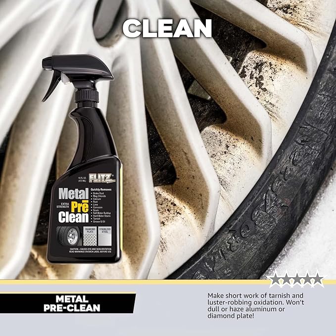 Flitz Metal Pre-Clean - 16oz of USA-Made Stainless Steel Cleaner Spray - Works on Aluminum, Brass, Copper, & More - Tarnish, Rust Remover for Metals - Non-Abrasive Aluminum Deoxidizer (12 Pack)
