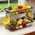 2-Tier Fruit Basket with Banana Hangers, Black Standing Storage Rack | Metal, Wooden handle, Removable Design, Tool-Free Assembly, Versatile Kitchen Countertop Organizer, Vegetables, Seasonings